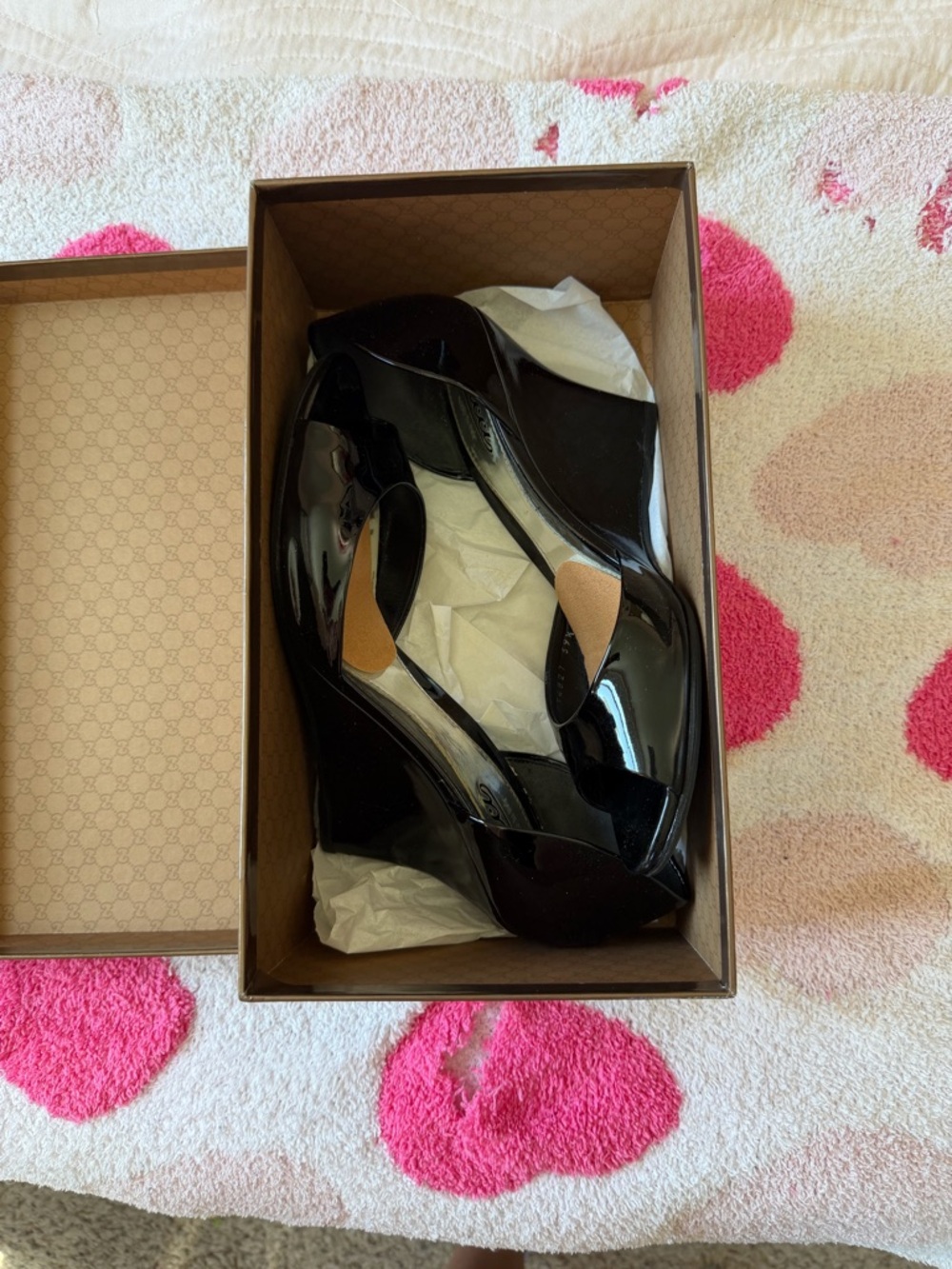 Gucci Black Patent Peep-Toe Wedge Heels